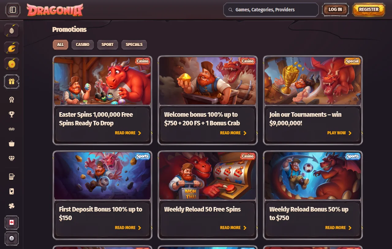 Catálogo de Dragonia Casino con alrededor de 8.900 juegos de más de 110 proveedores