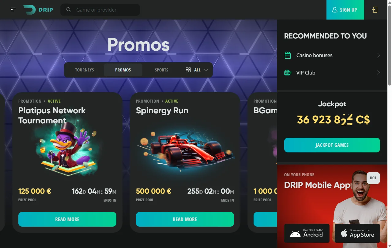 Catálogo de slots y live casino de Drip Casino con más de 90 proveedores