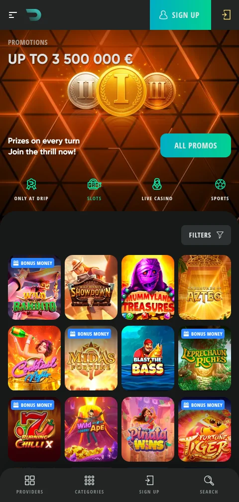 Drip Casino en el celular con lobby, cajero y chat de soporte