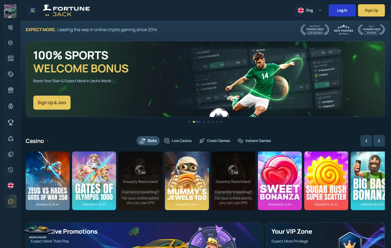 Portada de FortuneJack con acceso directo a slots y apuestas deportivas