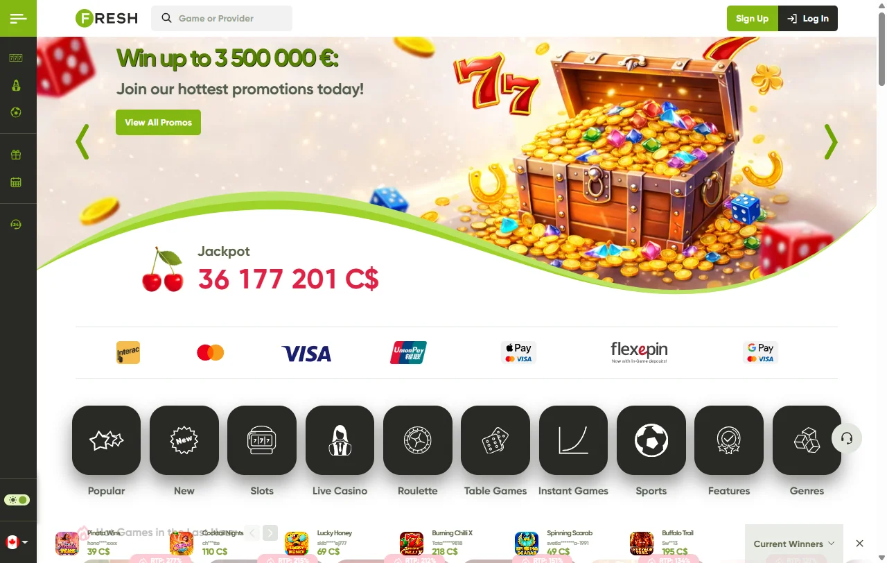 Vista general de Fresh Casino con lobby en pesos chilenos para Chile