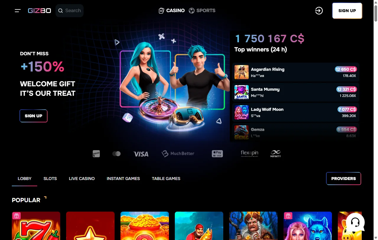 Vista general de Gizbo Casino y su oferta para jugadores en Chile