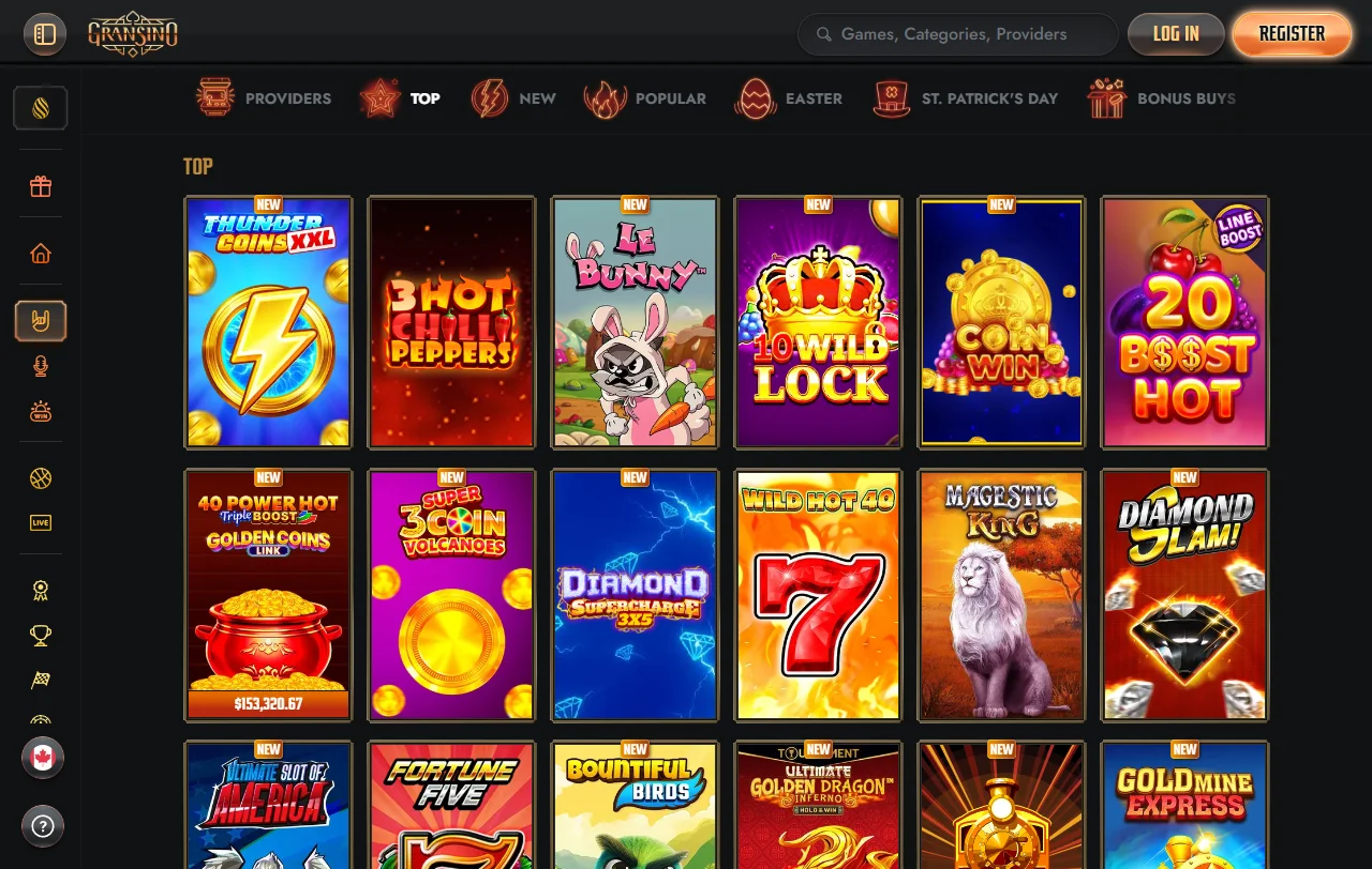 Catálogo de slots y proveedores de Gransino Casino como Playtech y Yggdrasil