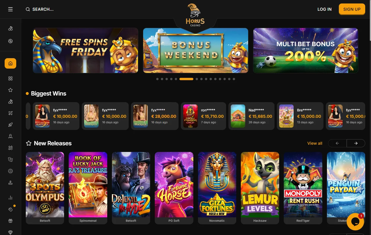 Vista general de Horus Casino con su catálogo de juegos y secciones principales