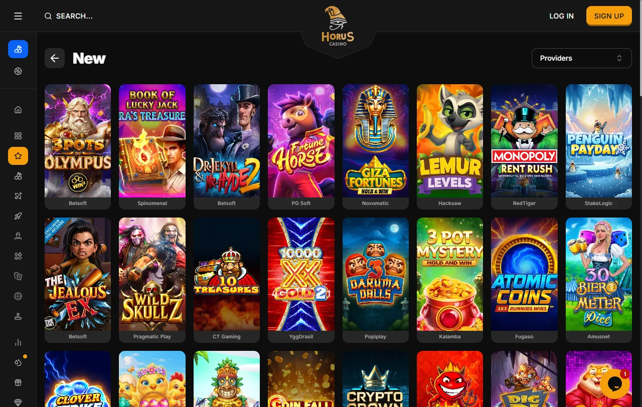 Lobby de tragamonedas de Horus Casino con filtro por proveedor de juegos