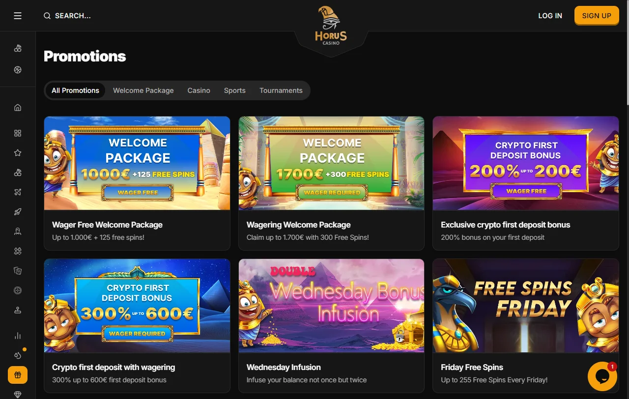Promociones de Horus Casino con el paquete de bienvenida sin wagering