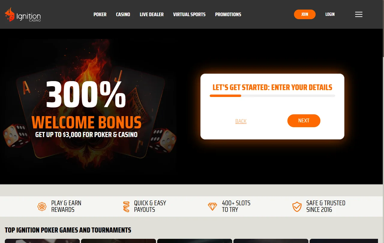 Vista general de Ignition Casino con su oferta de póker y slots