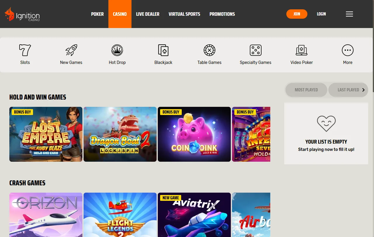 Catálogo de juegos de Ignition Casino con Hot Drop Jackpots y live casino