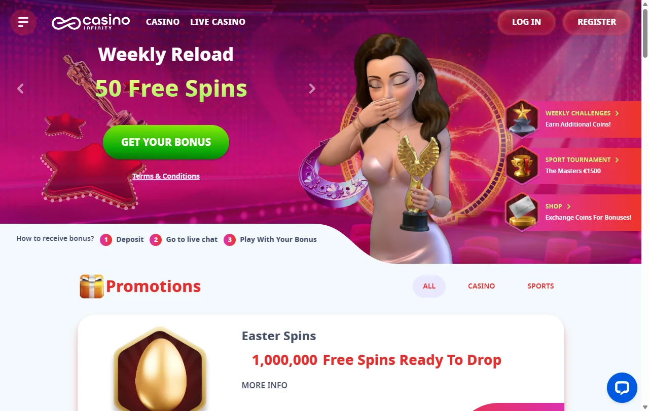 Infinity Casino en Chile, portada con secciones de casino, en vivo y deportes