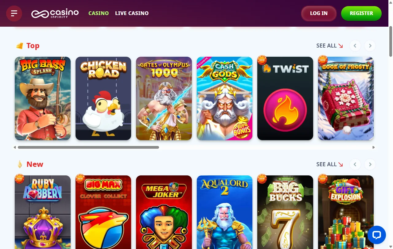 Catálogo de Infinity Casino con más de 11.000 juegos y filtros por proveedor