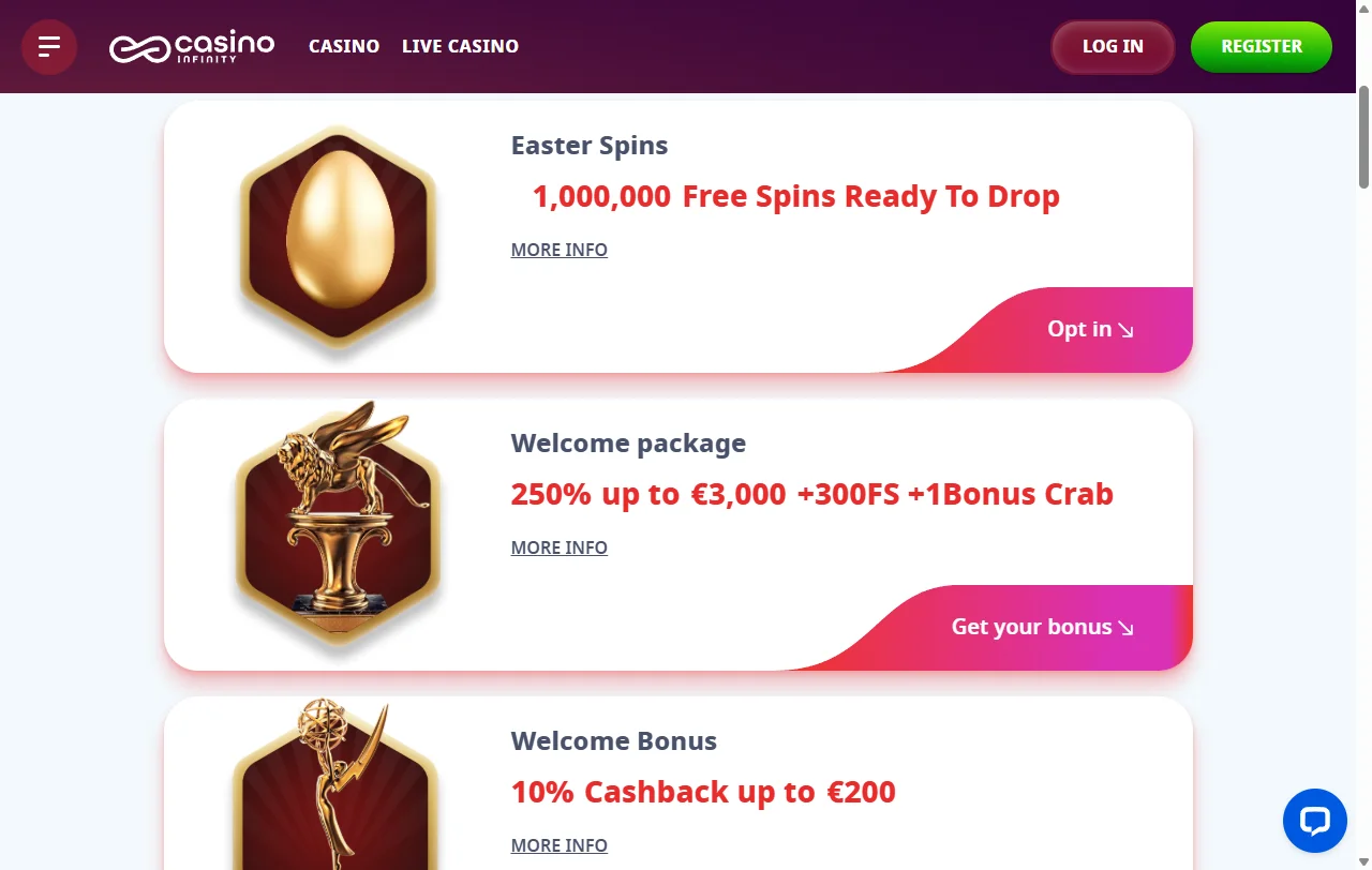 Paquete de bienvenida de Infinity Casino de hasta $3.000.000 CLP y 300 giros