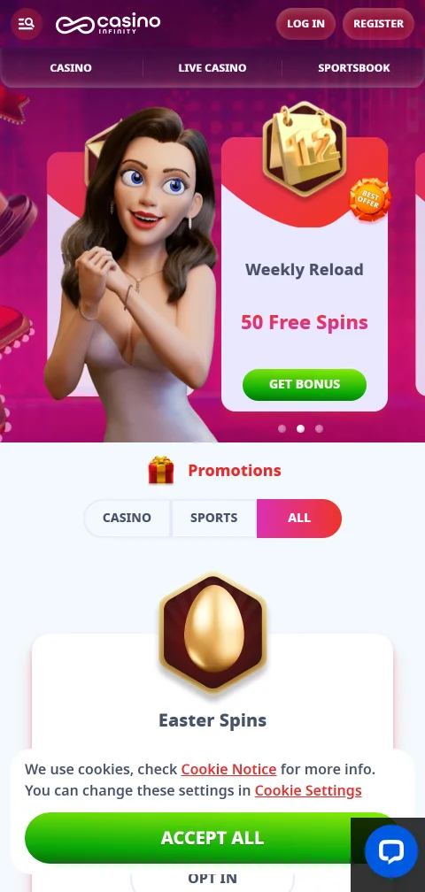 Versión web móvil de Infinity Casino abierta en el navegador del celular
