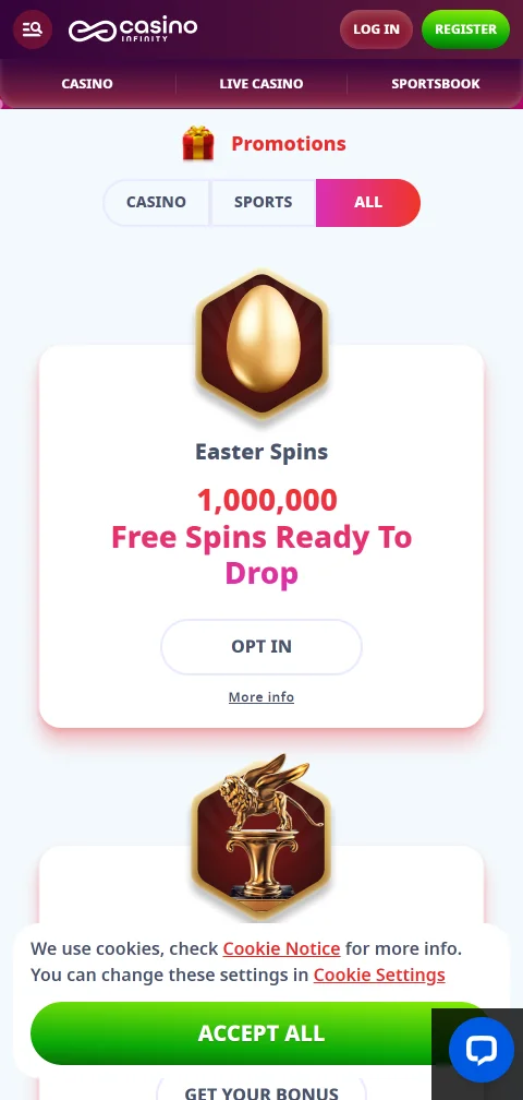 Información de licencia y seguridad de Infinity Casino en su pie de página