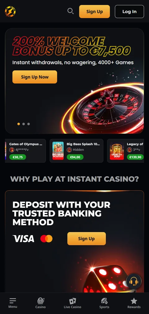 Instant Casino desde el navegador del celular, sin app nativa para Android ni iOS