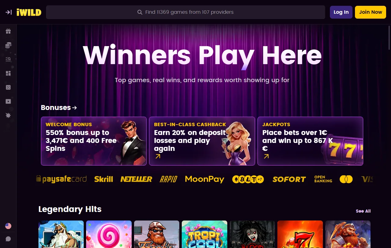 Lobby principal de iWild Casino con su catálogo para jugadores de Chile