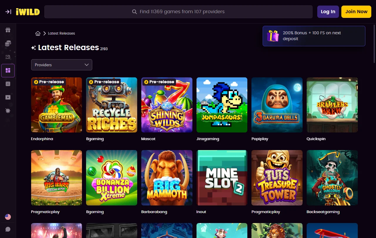 Tragamonedas y mesas en vivo de iWild con filtros por proveedor y RTP