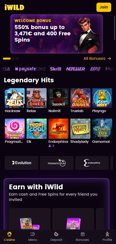 Versión móvil de iWild Casino en el navegador de un celular