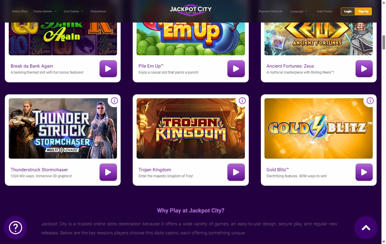 Catálogo de Jackpot City con slots de Pragmatic Play, Hacksaw y Games Global