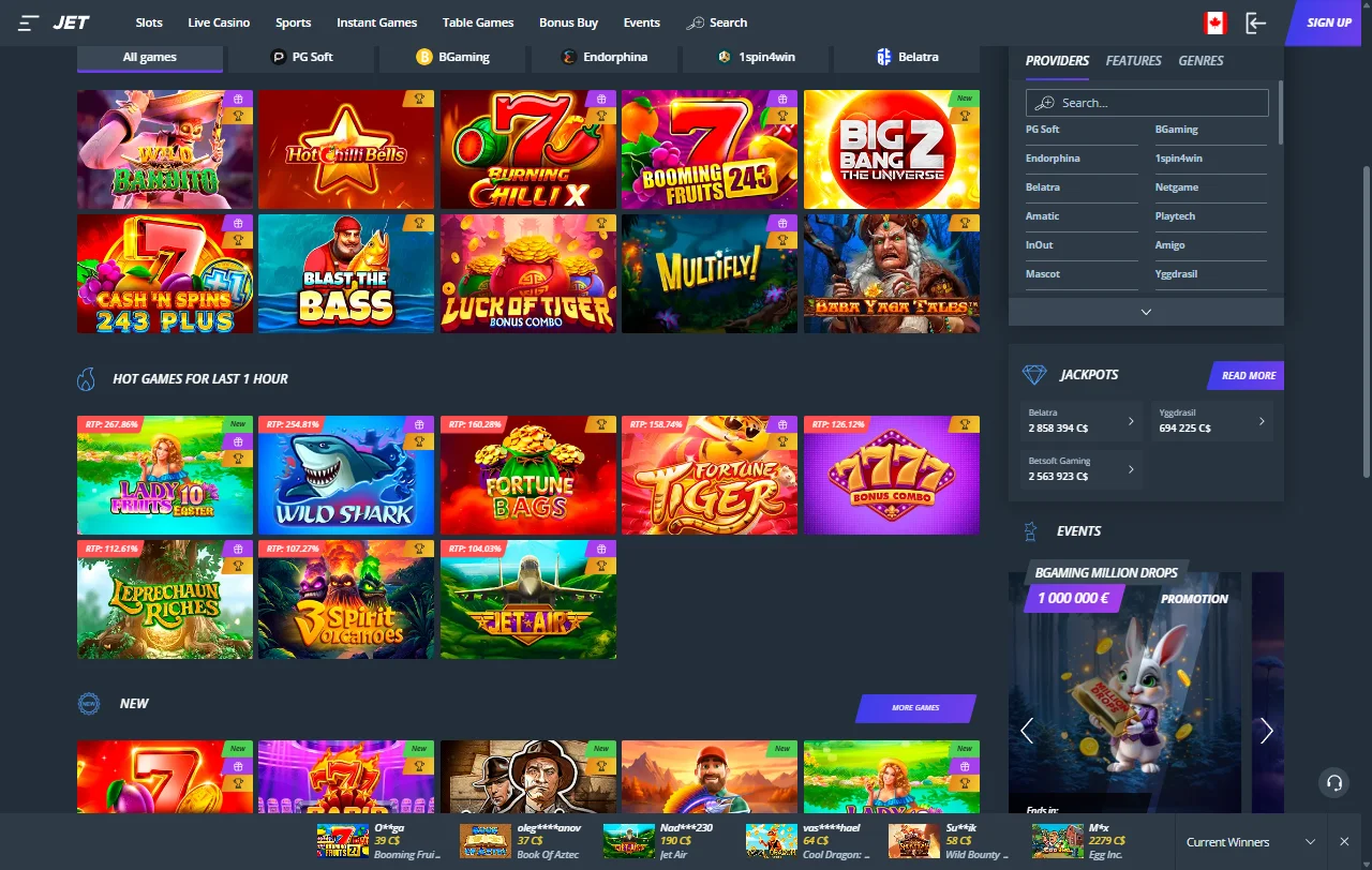Catálogo de Jet Casino con más de 11.000 juegos de 90 proveedores