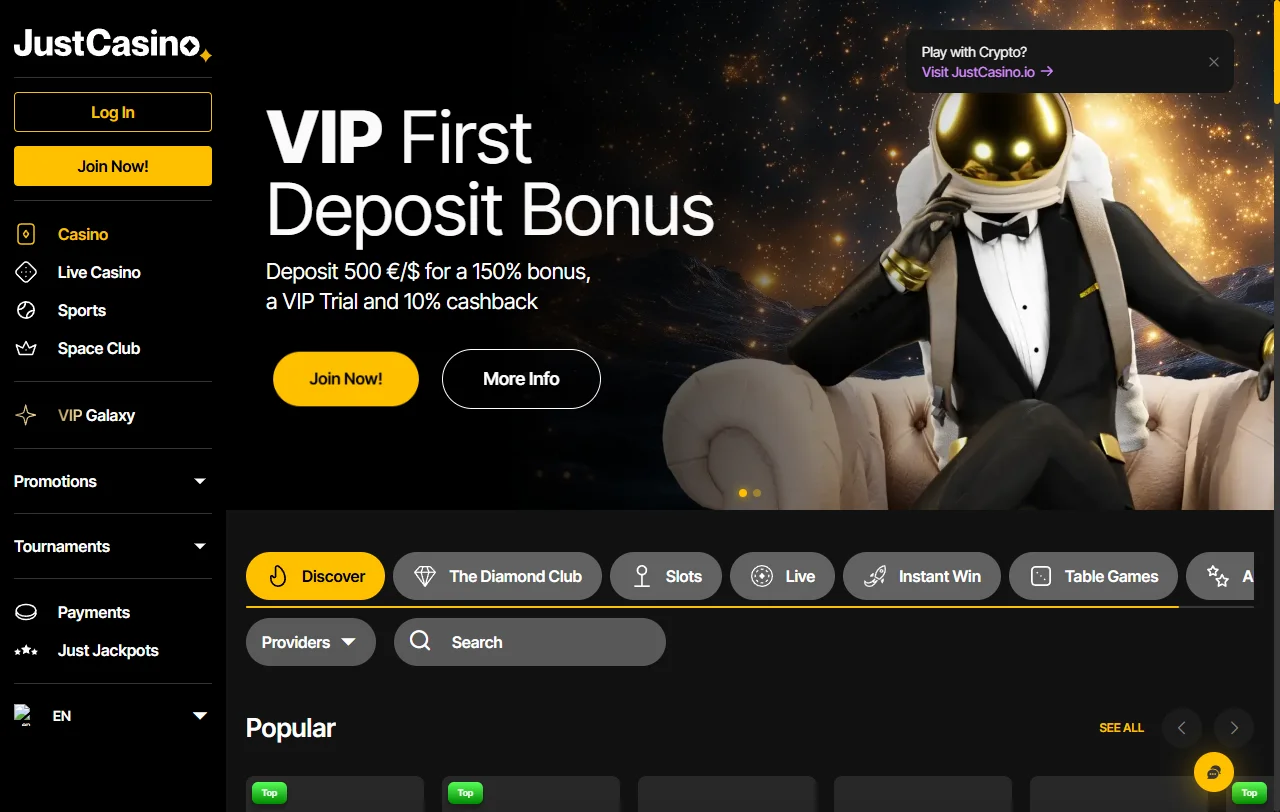 Portada de Just Casino con su catálogo de más de 14.000 juegos