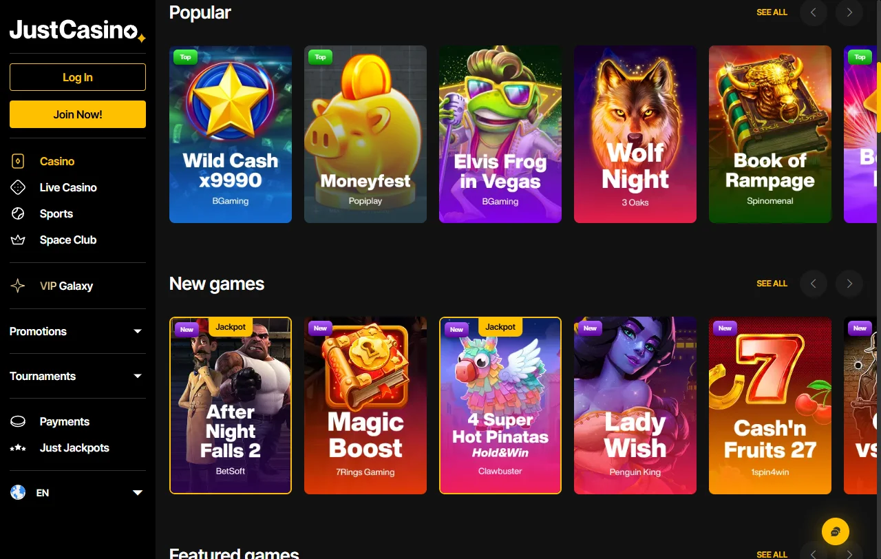 Selección de tragamonedas y mesas de live casino disponibles en Just Casino