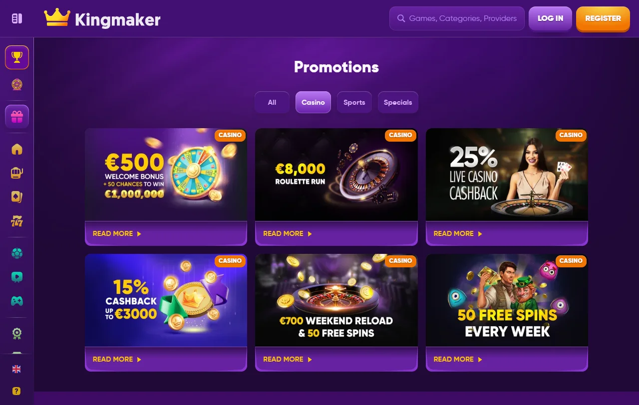 Catálogo de tragamonedas y live casino de Kingmaker Casino con más de 80 proveedores