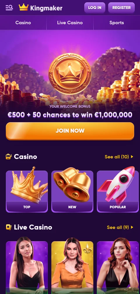 Kingmaker Casino en el navegador del celular, sin app nativa para Android ni iOS
