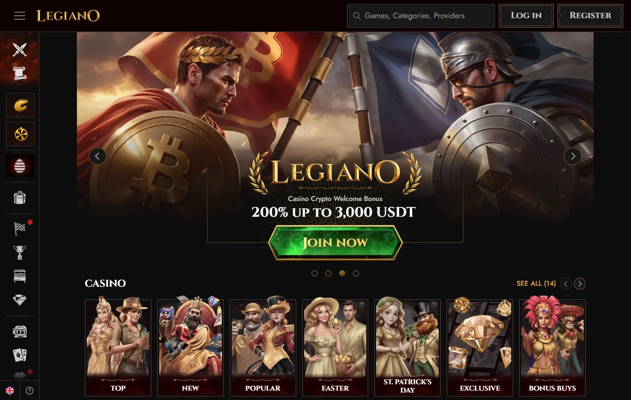 Vista general de Legiano Casino con casino, mesas en vivo y apuestas deportivas