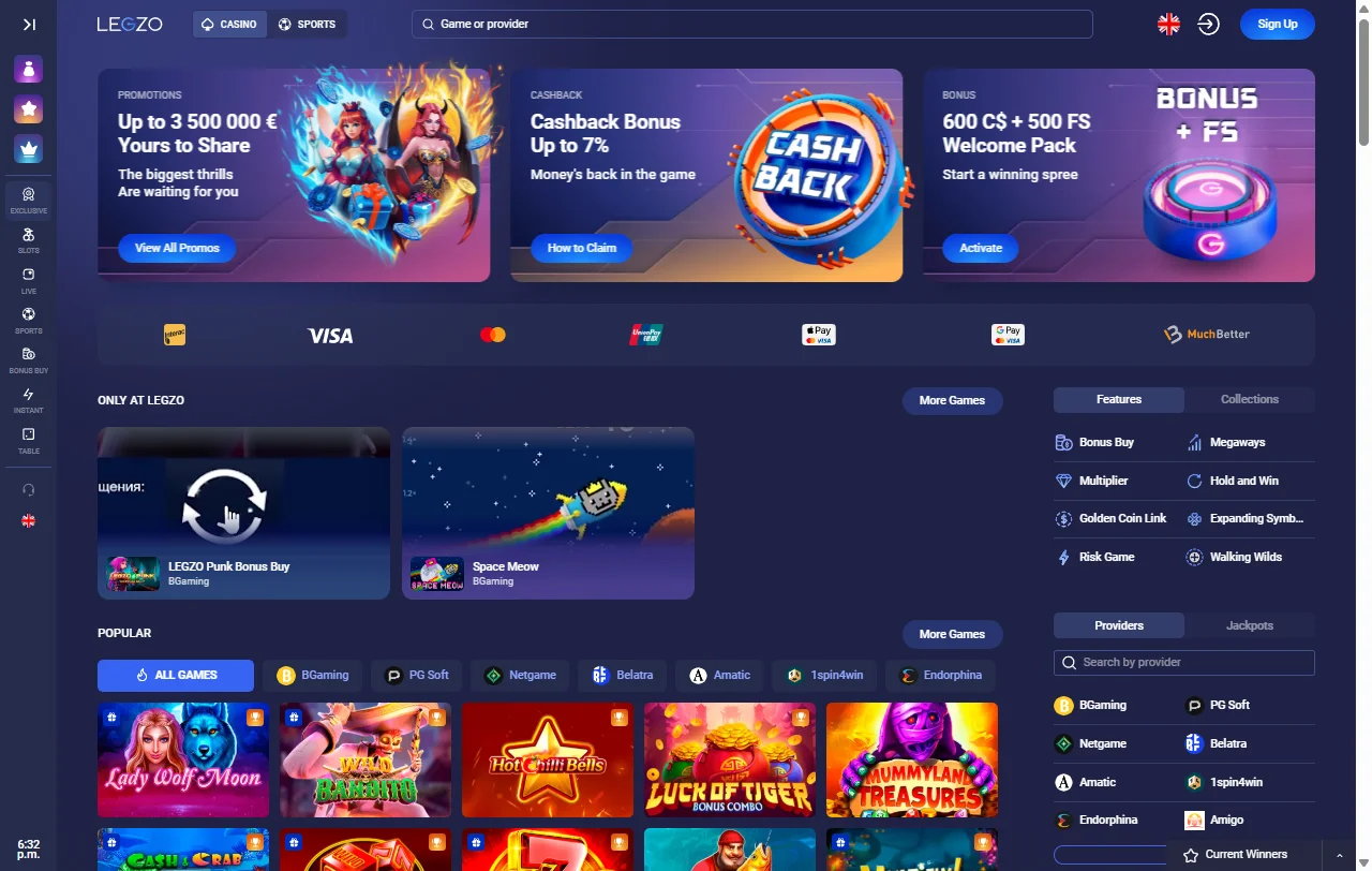 Legzo Casino, plataforma de Galaktika N.V. con casino y apuestas deportivas para Chile