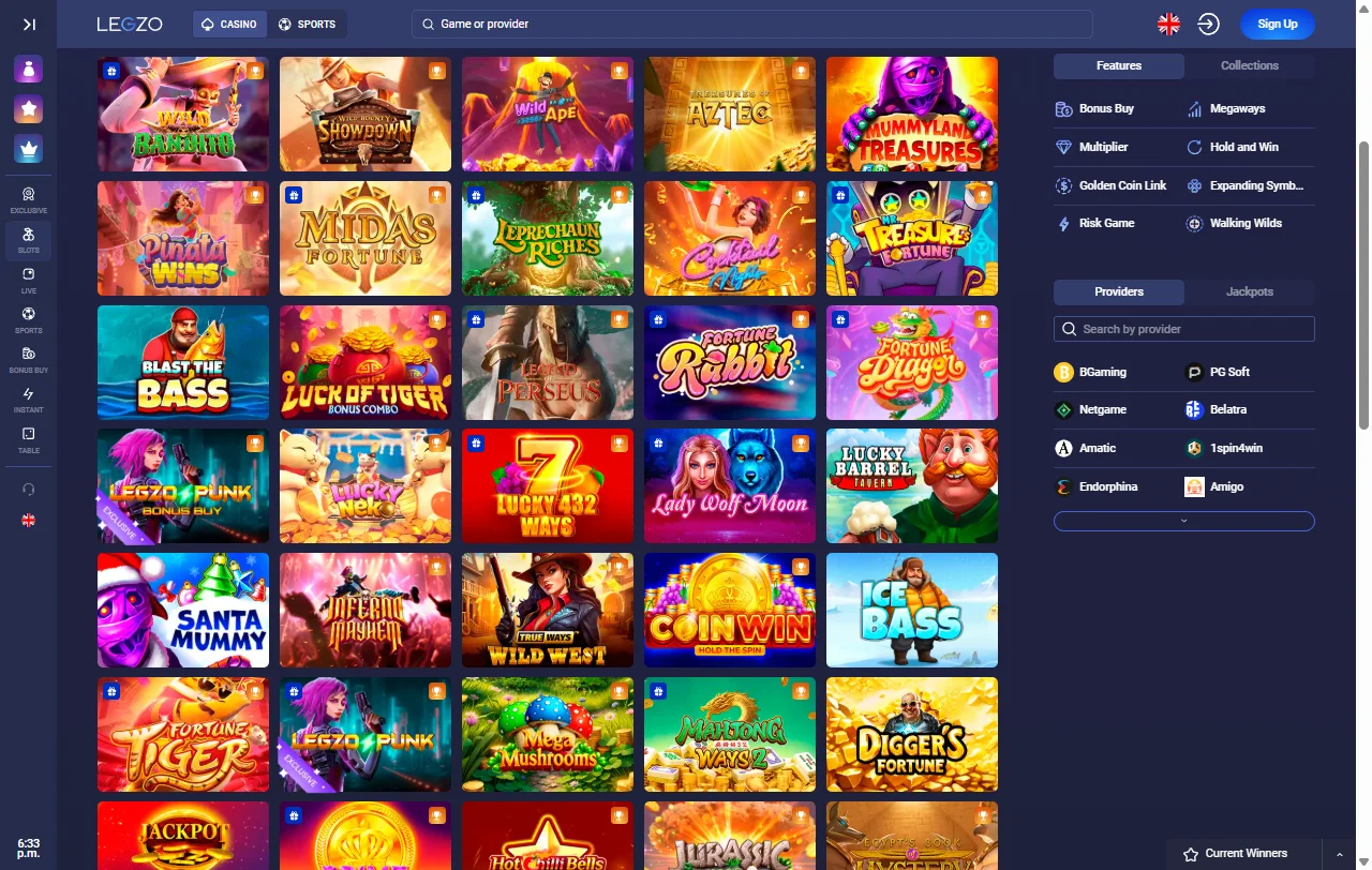 Catálogo de Legzo Casino con más de 11.000 juegos de 85 estudios