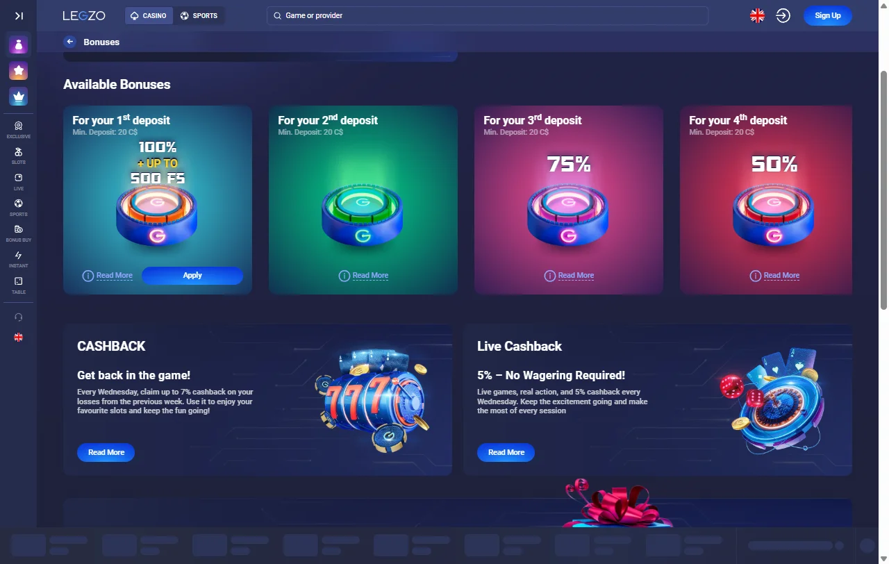 Paquete de bienvenida de Legzo Casino con 100% del depósito y 500 free spins