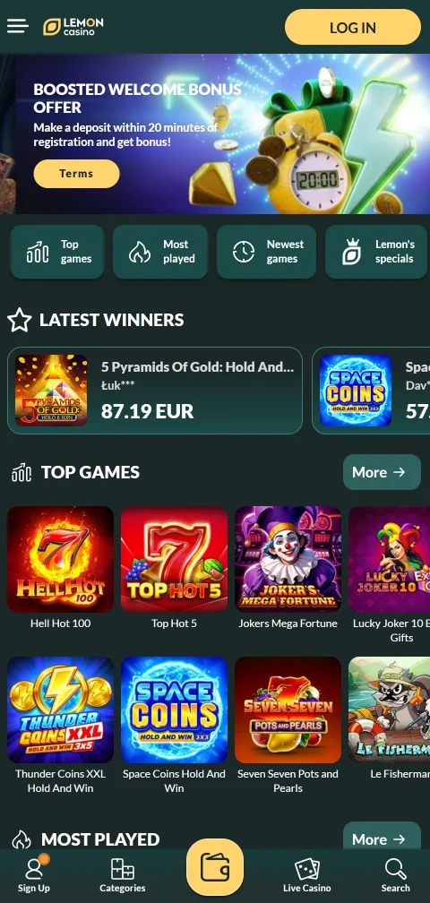 Lemon Casino en el navegador del celular con el lobby completo