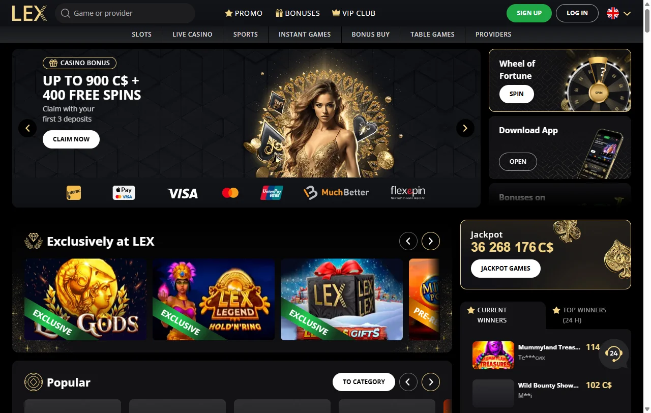 Lex Casino en escritorio con su oferta de slots, live casino y apuestas deportivas