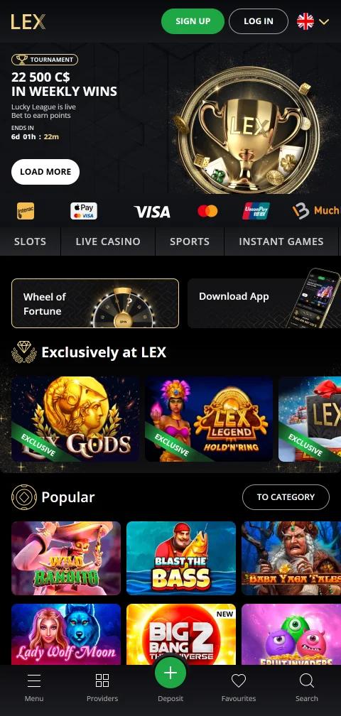 Lex Casino en el celular con el catálogo completo adaptado a pantalla táctil