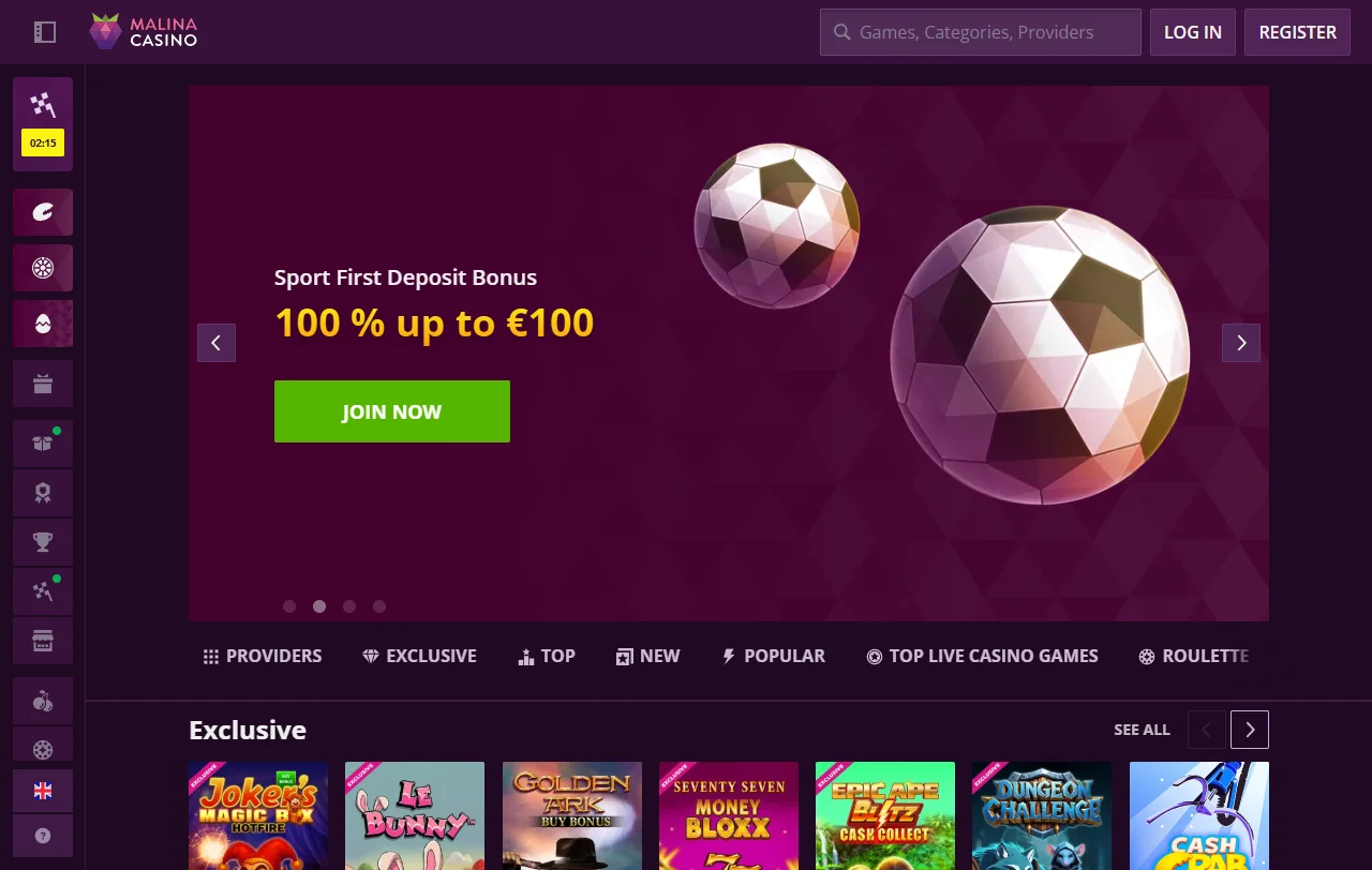 Portada de Malina Casino con acceso a casino, live casino y apuestas