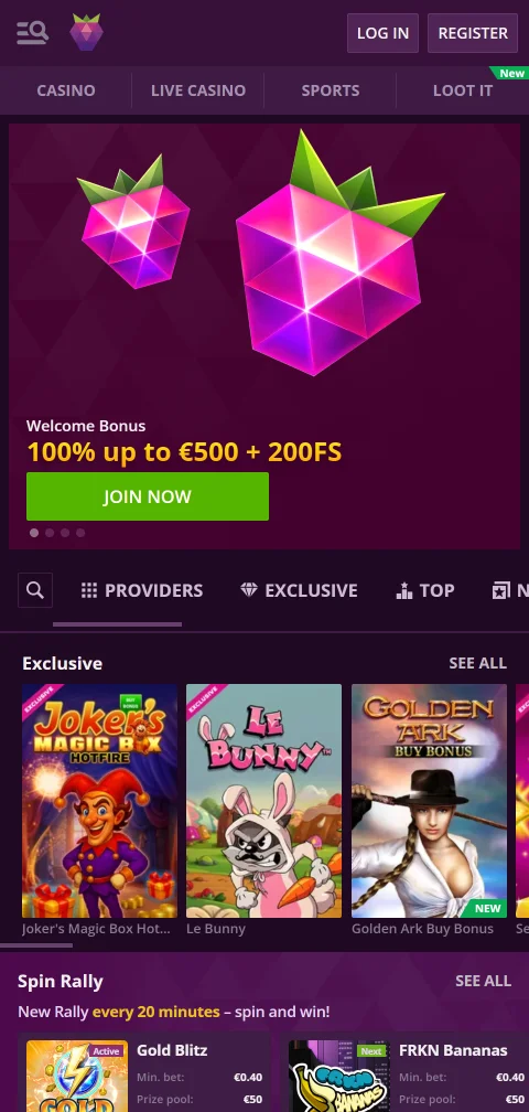 Malina Casino en navegador móvil con menú adaptado a pantalla pequeña