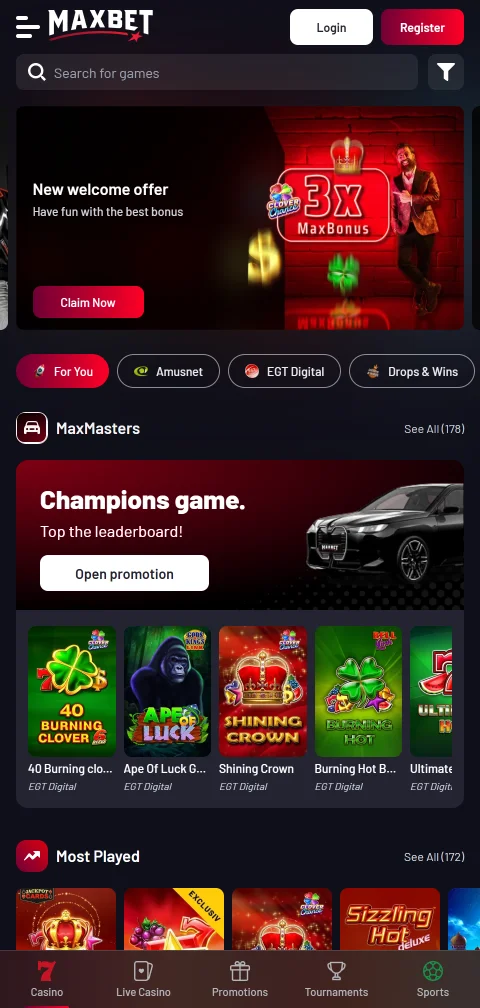 Maxbet Casino en el navegador del celular, versión adaptada a pantalla chica