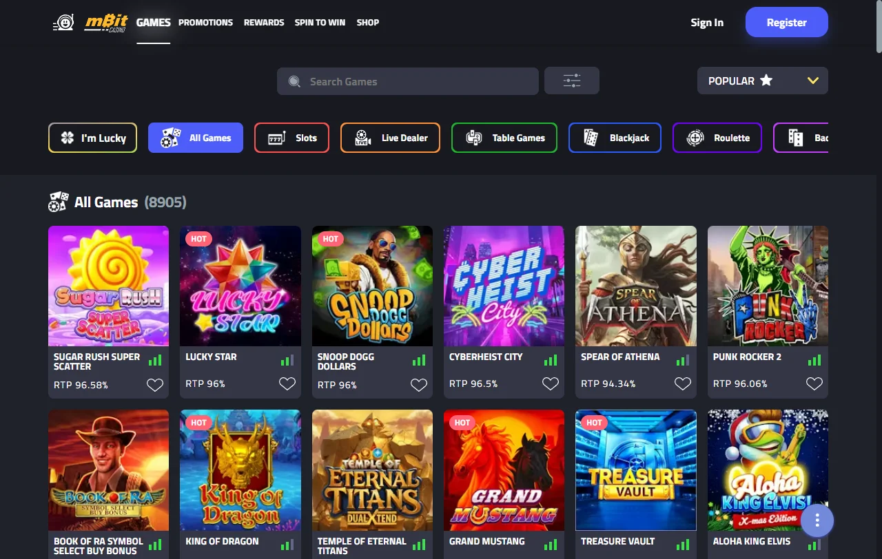 Catálogo de MBit Casino con más de 10.000 juegos y RTP visible por título