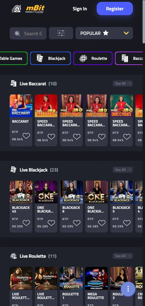 MBit Casino en el navegador del celular, sin app nativa para Android ni iOS