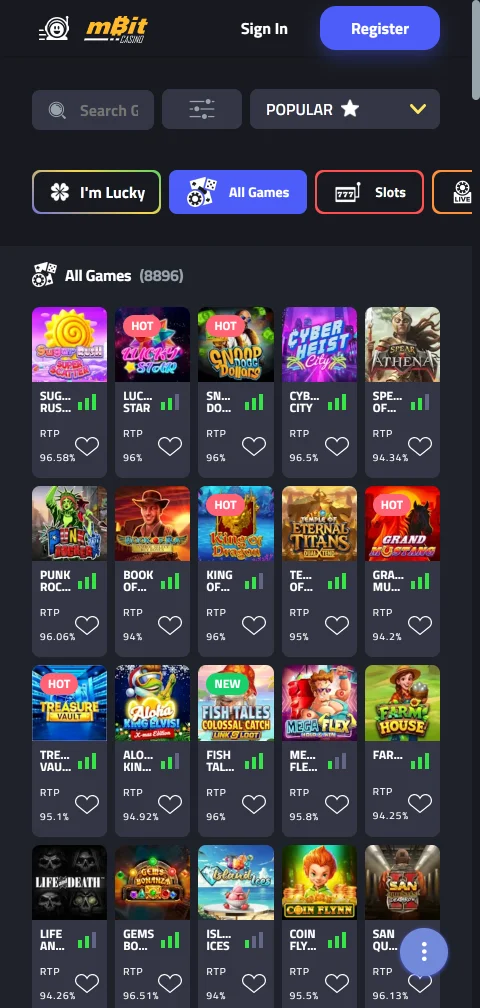Cajero cripto de MBit Casino con depósitos en BTC, USDT y ETH