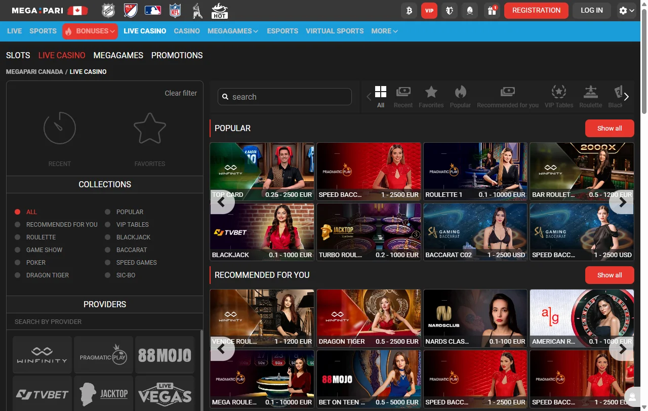 Catálogo de Megapari Casino con más de 20.000 slots y mesas de live casino
