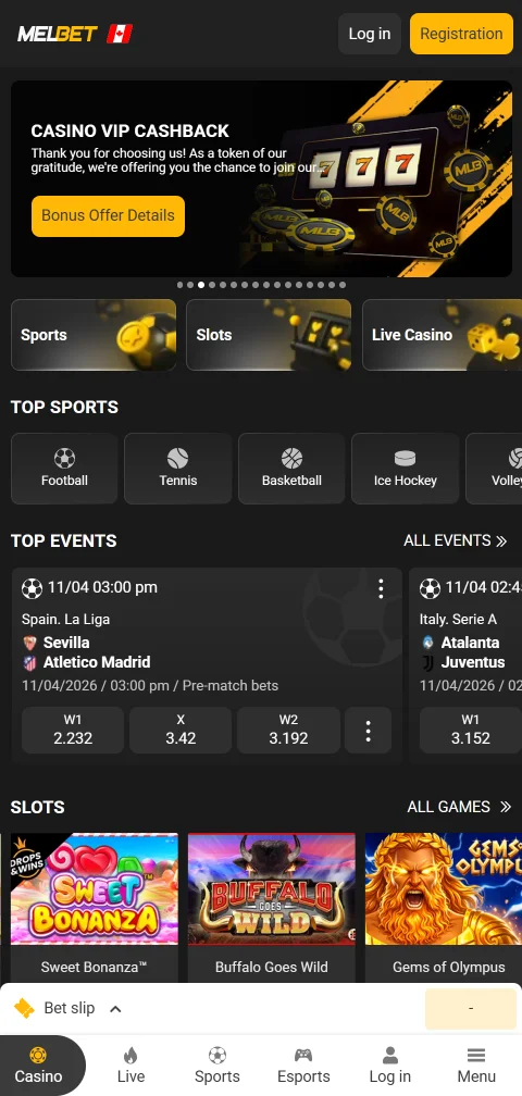App de Melbet Casino para iPhone y Android con el lobby de juegos