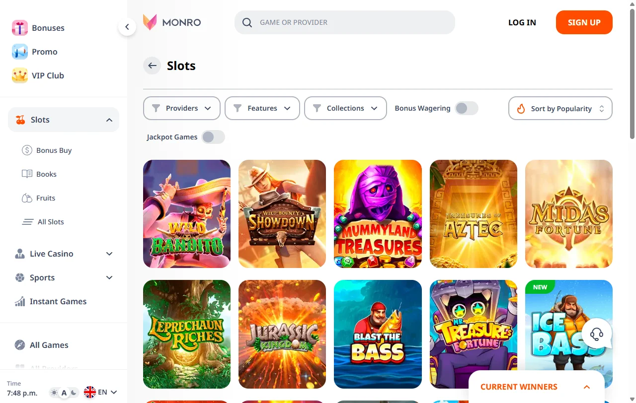 Catálogo de tragamonedas y live casino de Monro Casino con Pragmatic Play y Evolution