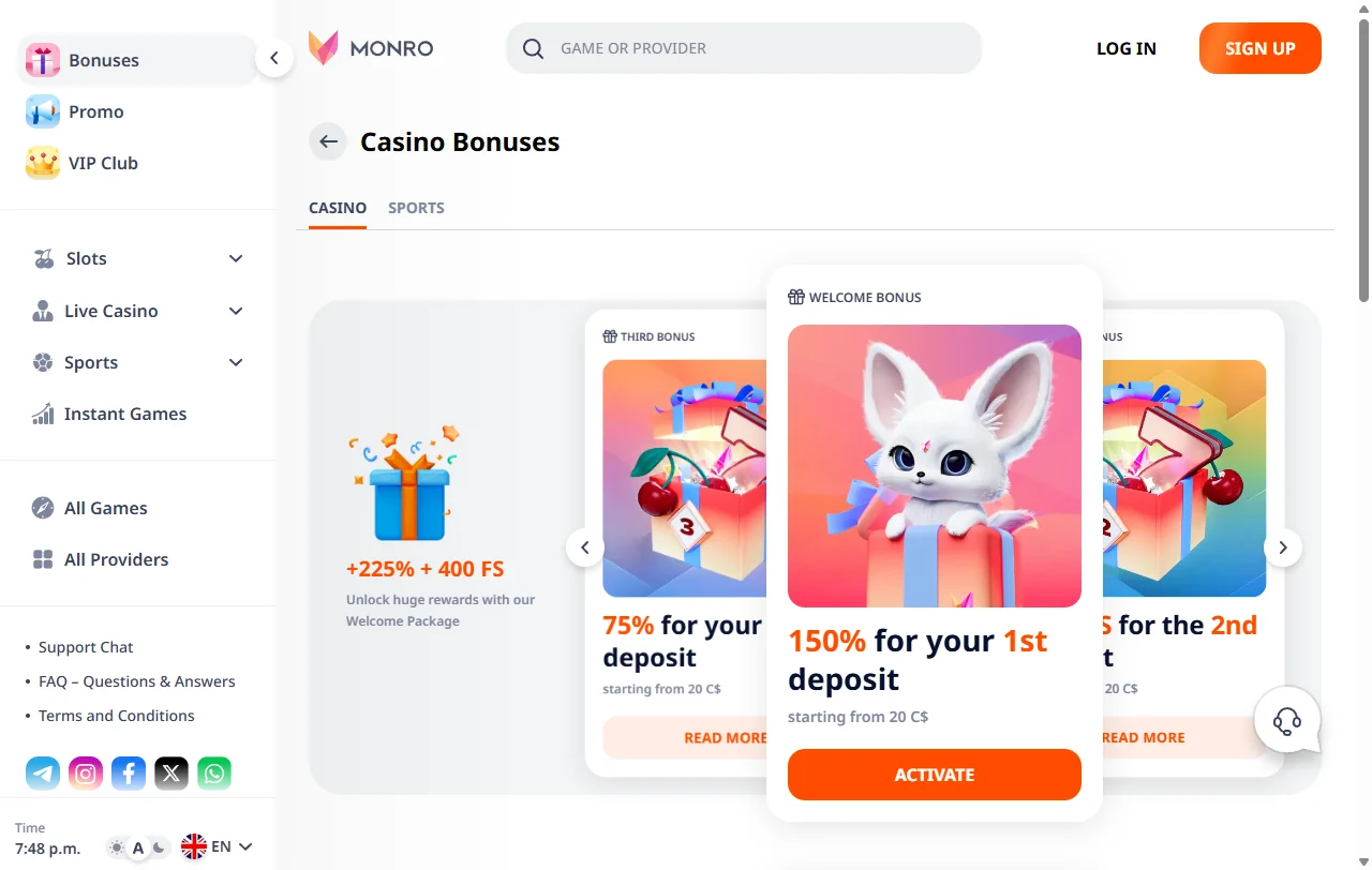 Bono de bienvenida de Monro Casino de 150% hasta 600.000 pesos chilenos