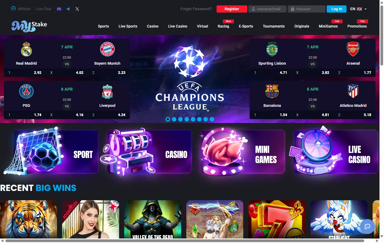 Portada de MyStake con acceso a casino, apuestas deportivas y minijuegos
