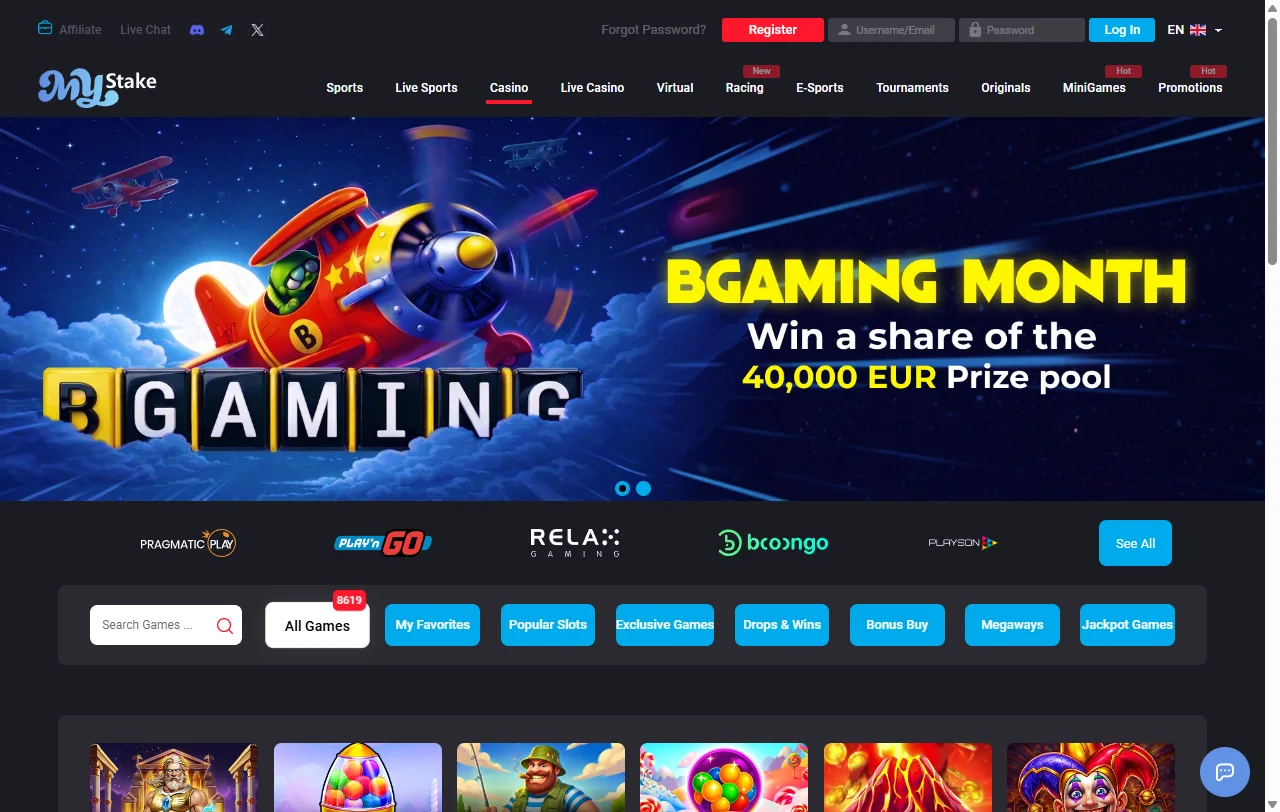 Catálogo de MyStake con tragamonedas de Pragmatic Play y Hacksaw Gaming