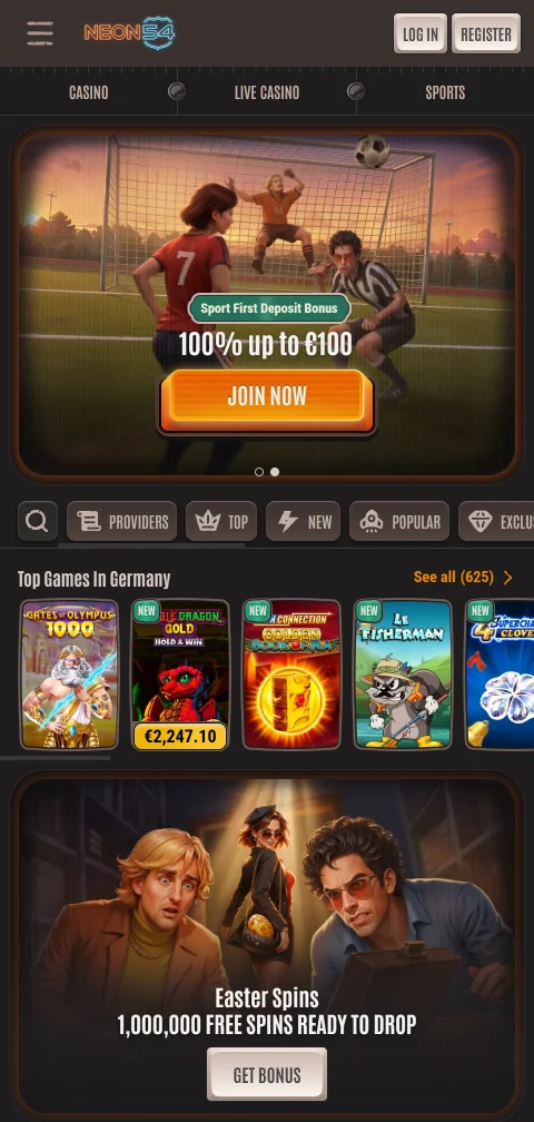 Neon54 Casino en versión móvil para Android e iPhone sin aplicación nativa
