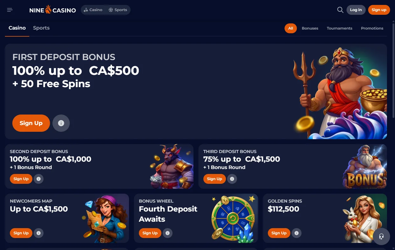 Paquete de bienvenida de Nine casino repartido en tres depósitos con free spins