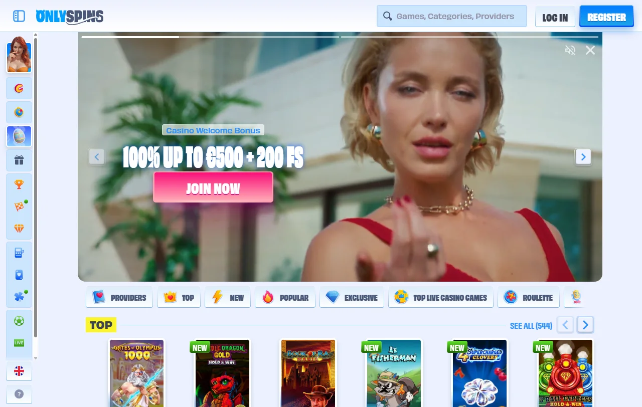 Página de inicio de OnlySpins casino en computador con el bono de bienvenida
