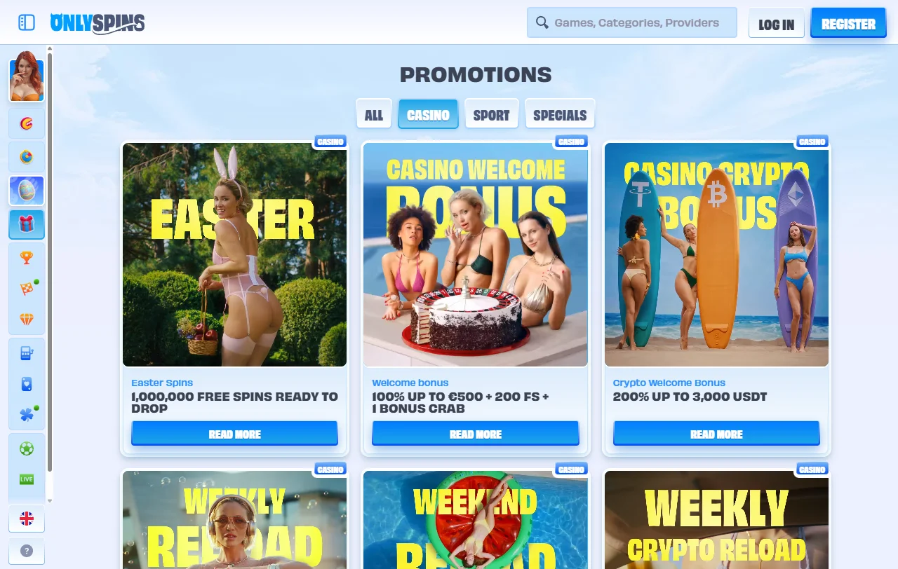 Lobby de tragamonedas de OnlySpins casino con categorías y buscador